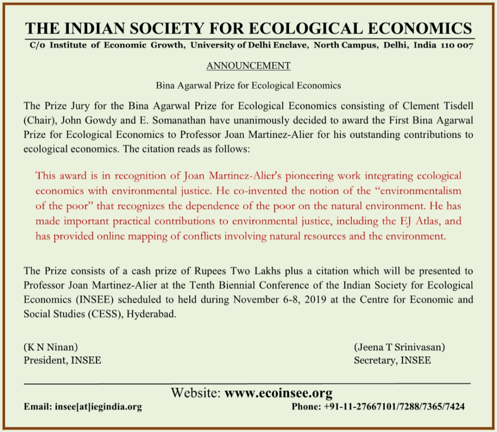 Professor Joan Martinez-Alier is Winner of the First Bina Agarwal Prize for Ecological Economics